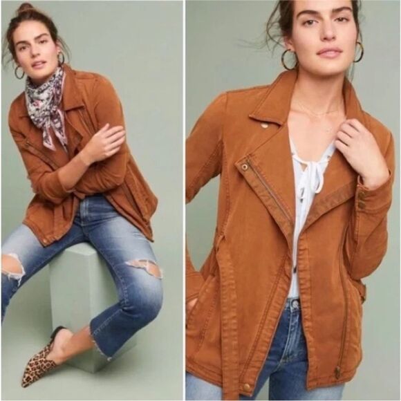 Anthropologie Sz XS Everyday Belted Moto Jacket Brown Lyocell Cotton Zipped - Picture 3 of 7